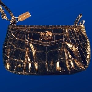 COACH Black Leather XL Croco Wristlet #44285, Black, NWOT